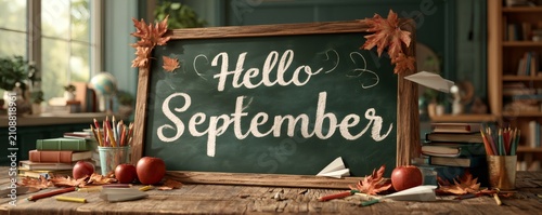 Chalkboard with hello september message, surrounded by school supplies, books, and autumn leaves on a wooden desk