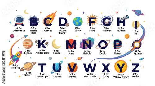 Space Alphabet Poster for Kids with Educational Astronomy Icons