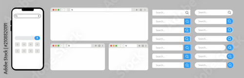 Browser and Search Bar UI Kit. Smartphone Website Interface, Blank Browser Windows, Address Bar, Search Box, and Web Navigation Templates. Flat Vector Illustration.
