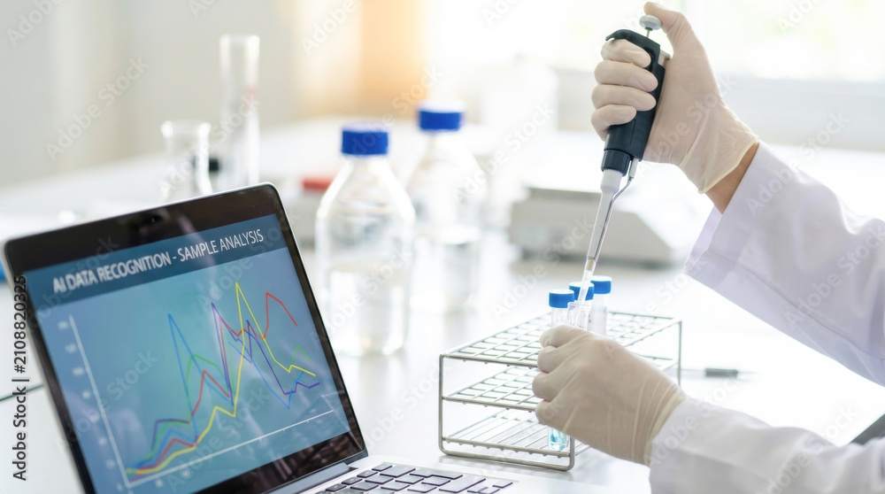 Fototapeta premium Scientist wearing gloves using a pipette with test tubes next to a laptop displaying AI data recognition representing automated laboratory research, smart analytics, and modern scientific discovery.
