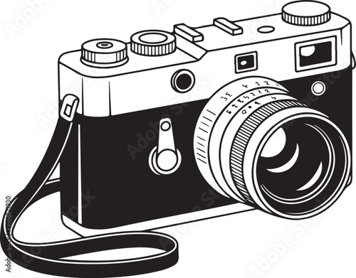 Bild auf Leinwand Vintage film camera line art drawing showing retro rangefinder photography equipment with manual lens and strap on background