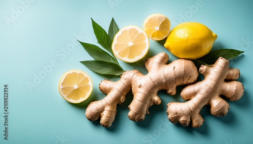 high angle shot of ginger and lemon alongside clear copy space