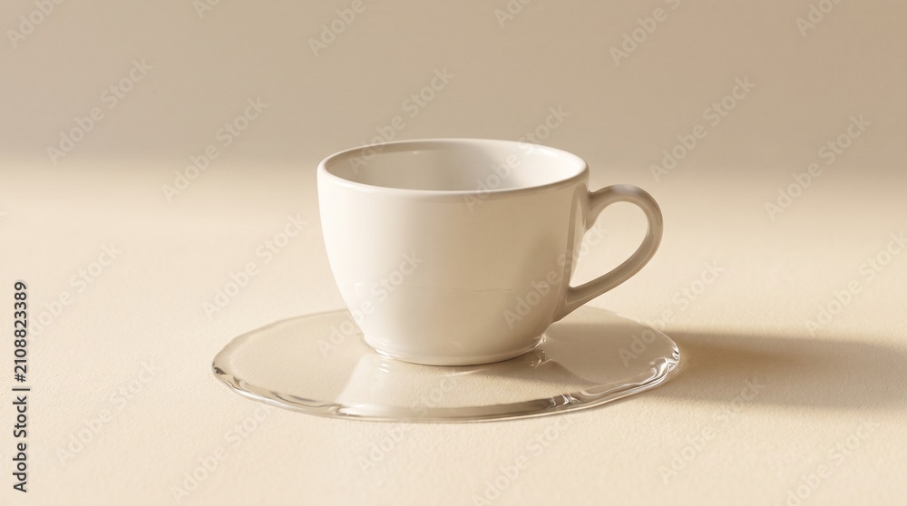 Fototapeta premium Minimalist white ceramic coffee cup on glass saucer with soft shadow