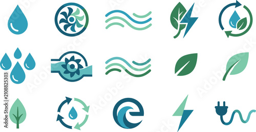 Bild auf Leinwand Clean hydro energy and eco sustainability icon set featuring water drops green l