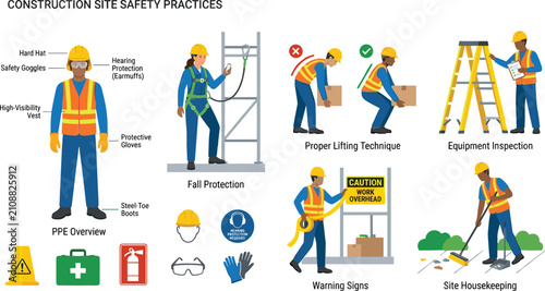 Fotografi Construction site safety practices infographic poster featuring ppe guidelines f