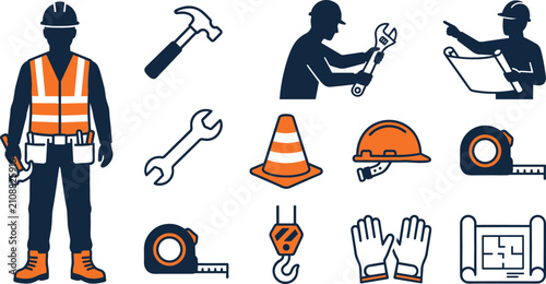Tableau sur toile Construction worker silhouette and industrial tool icon set featuring builder fo