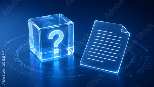 Glowing blue neon hologram of glass cube with question mark and digital document for tech support FAQ