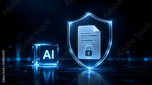 Glowing holographic shield protecting digital document with padlock and AI block for cybersecurity data privacy