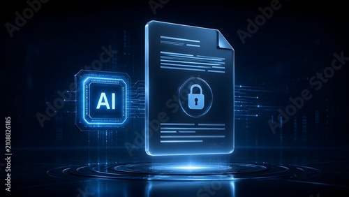 Futuristic AI microchip and glowing digital document with padlock hologram for artificial intelligence cybersecurity