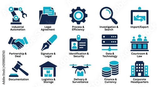 Schilderij op canvas A collection of fifteen blue and cyan business and industrial flat vector icons with descriptive labels on a white background
