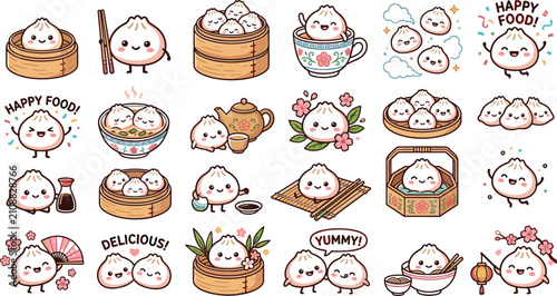Cute bao dim sum dumpling cartoon character sticker sheet with bamboo steamers and teapots for asian food branding and kid scrapbook design elements