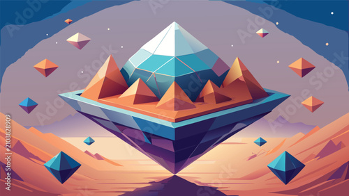 Fotografie Floating geometric crystal landscape surreal fantasy environment with landscape