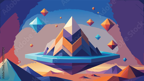 Obraz na płótnie Surreal floating pyramid structure in abstract fantasy landscape with landscape
