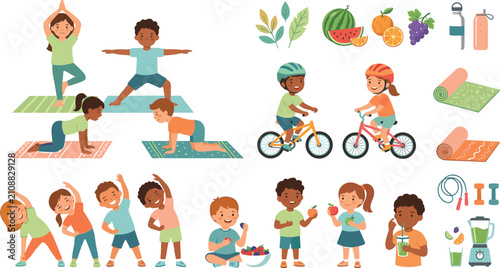 Cute cartoon children exercising doing yoga riding bikes and eating healthy fruits vector illustration set for healthcare marketing templates