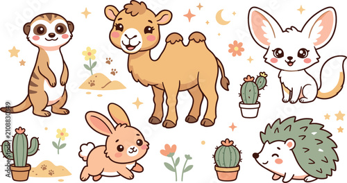 Bild auf Leinwand Cute desert animals sticker set featuring cartoon camel meerkat fennec fox hedge