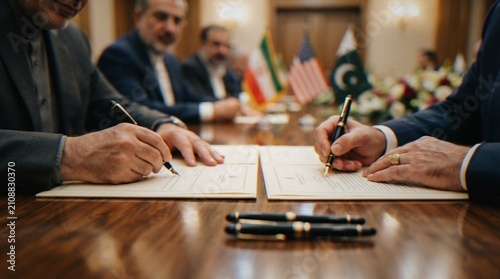 Fotografie Close-up of hands signing official documents at a conference table with international flags in the background, symbolizing diplomacy, agreements, and international relations