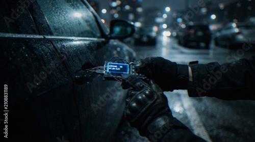 Fotografija A person wearing black tactical gloves using an electronic hacking device to unlock a dark car door on a rainy street at night
