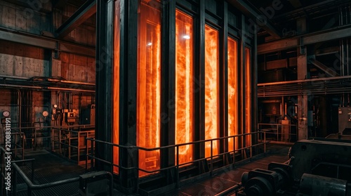 Industrial Smelting Furnace with Glowing Molten Metal Inside a Dark Steel Foundry Factory