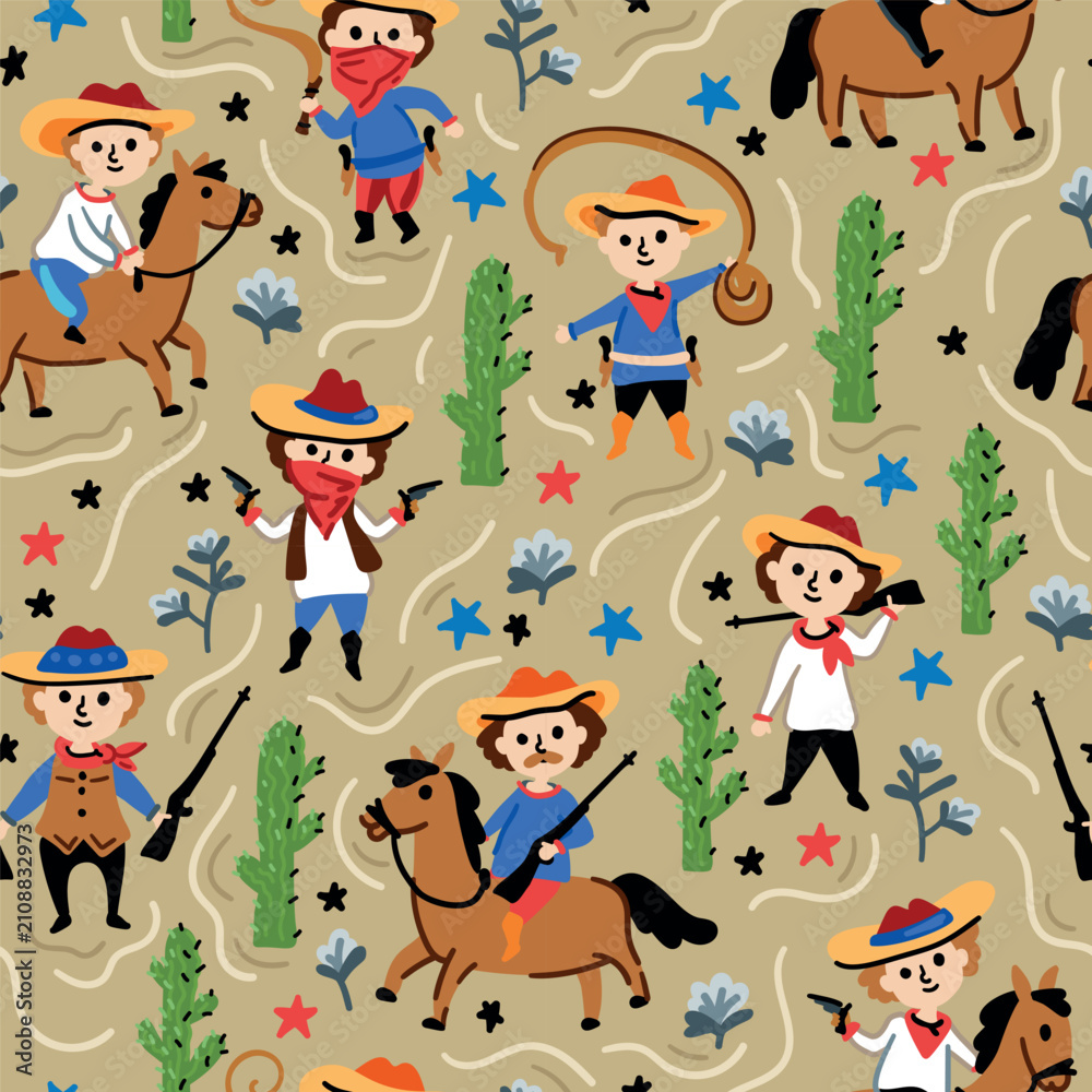Fototapeta premium Children's vector seamless print design with cowboys and Indians. USA. America. Pattern for boys with American nature and funny characters.