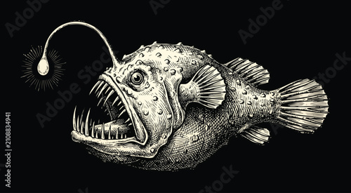 Canvastavla Detailed illustration of an anglerfish with glowing lure on black background