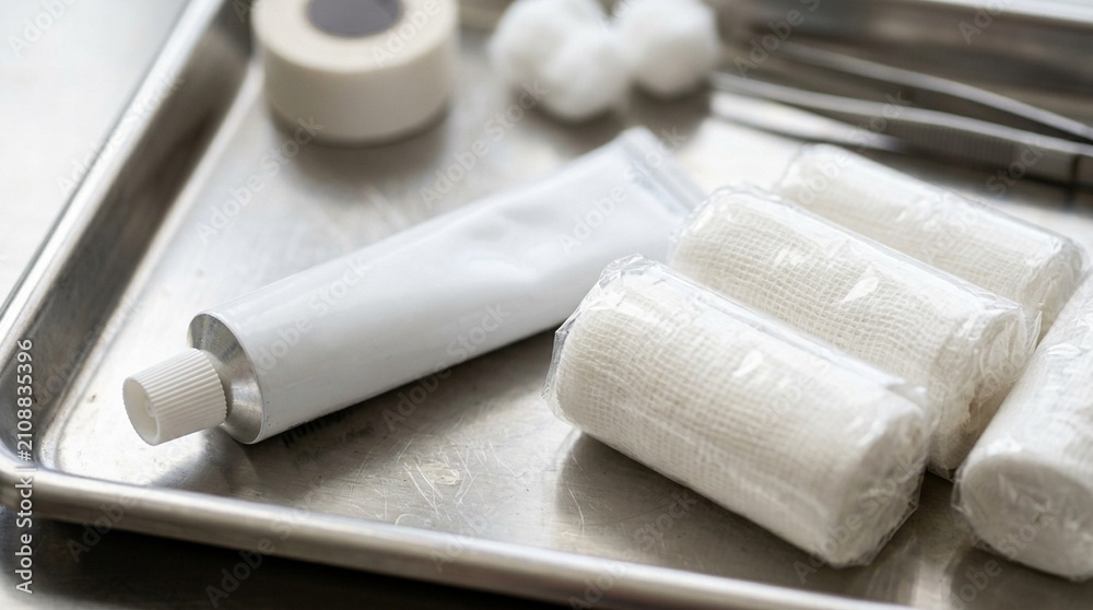 Fototapeta premium Zinc oxide ointment tube resting beside gauze rolls on a wound care tray in a hospital room, medical equipment concept with no people