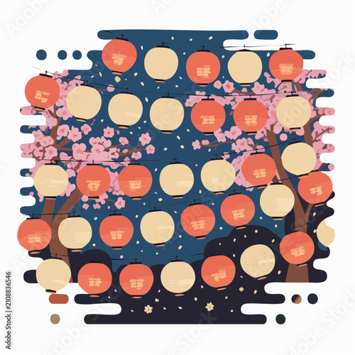 Spring festival paper lanterns with cherry blossom trees