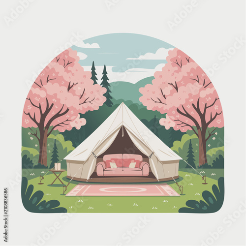 Spring glamping tent campsite with cherry blossom trees