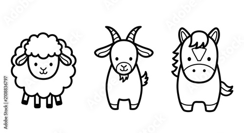 Adorable line art farm animals in standing poses.