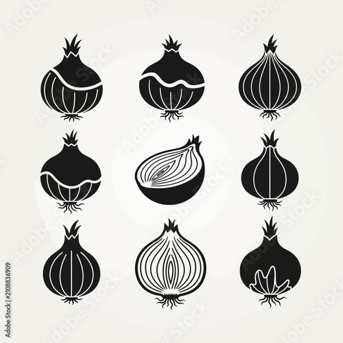 Assorted black onion and shallot silhouettes.
