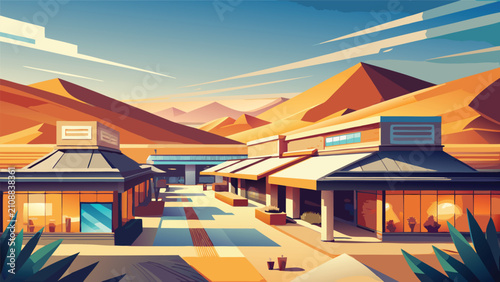 Quadro su tela Modern desert oasis retail plaza with shops and sunlit dunes architecture commer