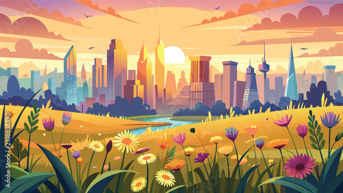 Принти на полотні Wildflower meadow in front of a sprawling metropolitan city skyline at sunset wi