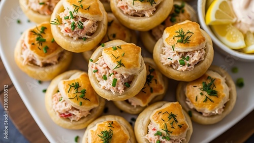 Mini pastry cups with creamy crab salad appetizer.