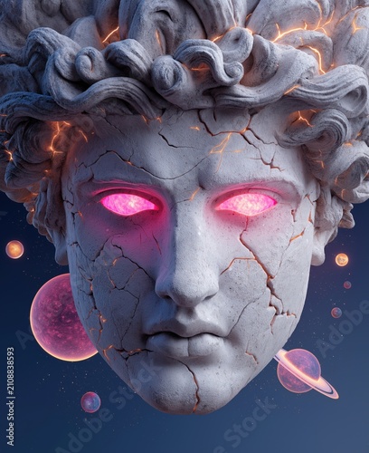 Cracked classical stone statue head with glowing pink eyes. Surreal digital art of a mythological bust floating in cosmic space with planets
