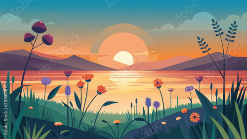Quadro su tela Floral sunset landscape with flowers by a calm lake reflection landscape reflect