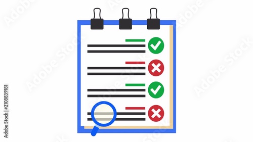 Clipboard checklist with passed and failed status marks and a magnifying glass cartoon animation isolated in an alpha channel for a document inspection symbol and quality control audit concept.
