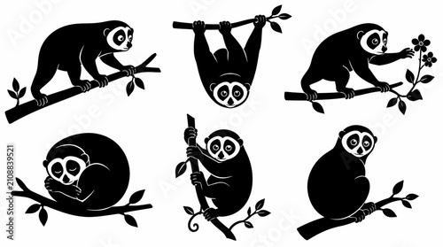 Slow Loris Silhouette Collection in Various Poses on Tree Branches
