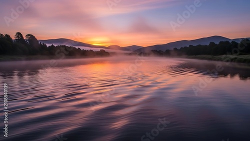 Misty lake at sunrise with distant mountain range