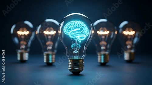 Glowing brain inside glass lightbulb representing artificial intelligence and creative innovation concept over dark background