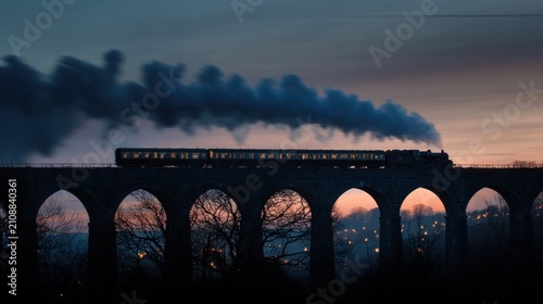 Steam train crossing stone arched viaduct