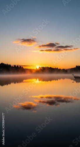 Misty lake sunset with water reflection.