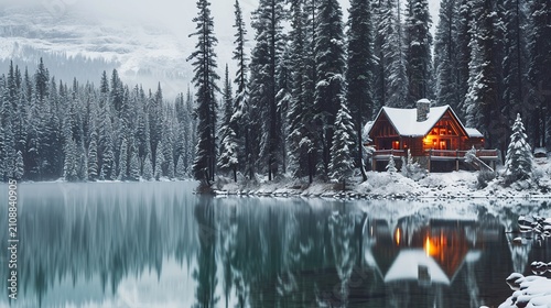 Snow-Covered Alpine Lake Retreat with Glowing Orange Cabin Amid Dense Evergreen Forest
