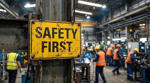 Industrial Workshop Scene with Safety First Signage Promoting Workplace Safety Culture in Manufacturing Environment
