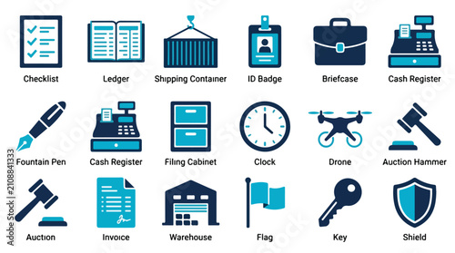 Bild auf Leinwand A collection of eighteen blue and dark blue business and logistics icons with labels, featuring items like a checklist, ledger, and warehouse