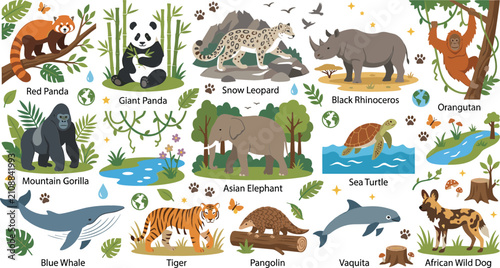 Photos Endangered wildlife species cartoon vector illustration collection featuring gia