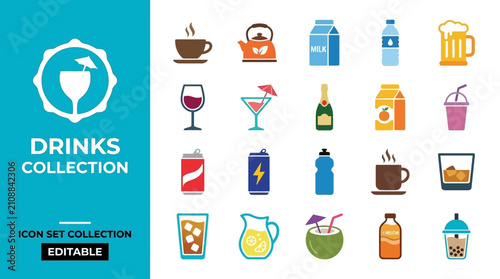 Beverage icon collection featuring coffee cocktail soda and juice