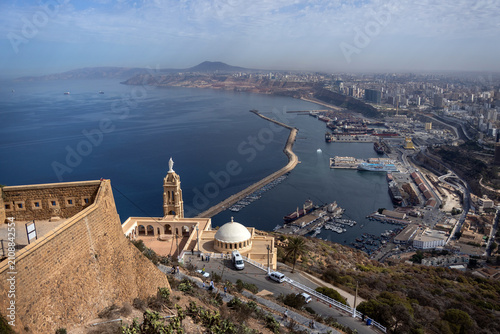 Santa Cruz Chapel and Virgin Mary Tower with Oran Harbor from Fort Santa Cruz Panorama