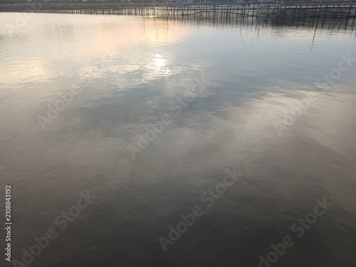 Perfect reflection of soft cloudy sky on smooth calm undisturbed water surface. Nature landscape concept
