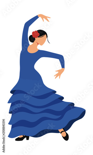 Flamenco dancer in a vibrant blue dress with a red flower in her hair performing a spirited pose on a solid white background spanish cultural dance concept