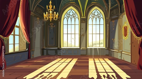 Sunlit Grand Ballroom Interior with Tall Arched Windows, Velvet Curtains, and Gold Accents