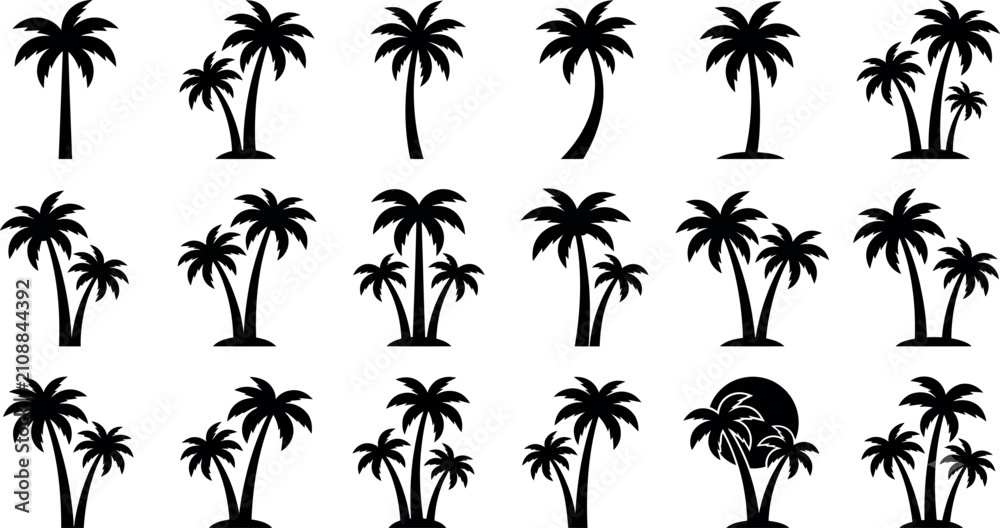 Fototapeta premium Palm tree silhouettes a collection of tropical plant shapes on a white background